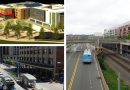 Boulder Junction CO anchored by the Flatiron Flyer at Depot Square (top left); a HealthLine shelter and reserved bus lane in downtown Cleveland OH (bottom left); the East Liberty TOD overlooking the MLK Jr. East Busway in Pittsburgh PA (right)