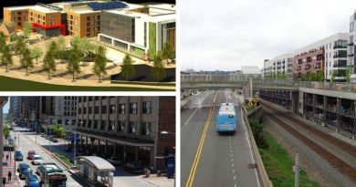 Boulder Junction CO anchored by the Flatiron Flyer at Depot Square (top left); a HealthLine shelter and reserved bus lane in downtown Cleveland OH (bottom left); the East Liberty TOD overlooking the MLK Jr. East Busway in Pittsburgh PA (right)