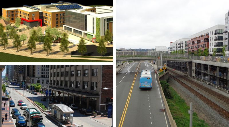 Boulder Junction CO anchored by the Flatiron Flyer at Depot Square (top left); a HealthLine shelter and reserved bus lane in downtown Cleveland OH (bottom left); the East Liberty TOD overlooking the MLK Jr. East Busway in Pittsburgh PA (right)