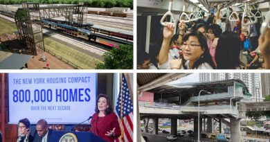 Conceptual design of North Brunswick Station (top left); Gov. Hochul calls for homes to be built near train stations (bottom left); Cities put women at the heart of their transport strategies (top right); Titiwangsa Terminal to be public transport hub (bottom right)