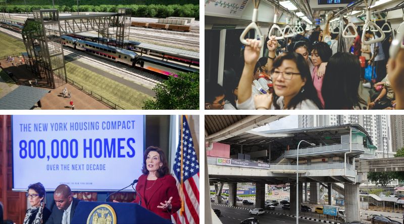Conceptual design of North Brunswick Station (top left); Gov. Hochul calls for homes to be built near train stations (bottom left); Cities put women at the heart of their transport strategies (top right); Titiwangsa Terminal to be public transport hub (bottom right)