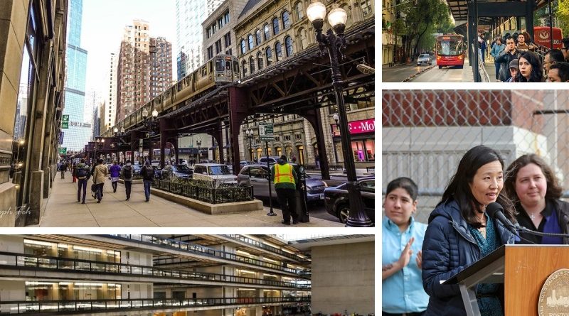 Elevated Chicago asks “Can you walk there?” on TikTok (top left) • Mexico City embraces e-buses (top right) • Bell Works reaches milestone (bottom left) • Boston invests in eTOD (bottom right)