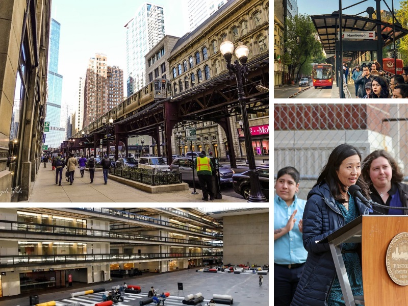 Elevated Chicago asks “Can you walk there?” on TikTok (top left) • Mexico City embraces e-buses (top right) • Bell Works reaches milestone (bottom left) • Boston invests in eTOD (bottom right)