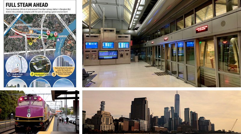 Thailand’s first TOD (top left); EWR Station Access Project (top right); MBTA Communities Zoning Law (bottom left); NYC’s outdated zoning (bottom right)