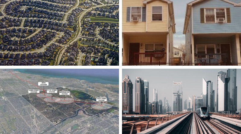 Using federal & state funding to change zoning (top left); Newark promotes local home ownership (top right); Chicago’s Red Line extension & community development plans (bottom left); Dubai Metro expansion (bottom right)