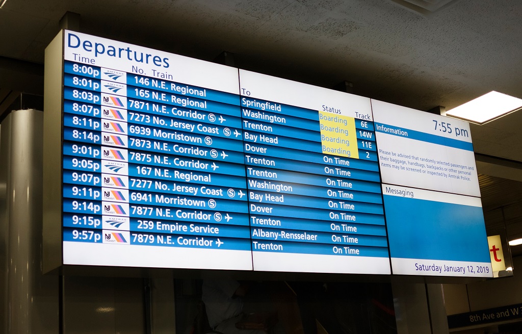 New York, New York, USA - January 12, 2019: A train departure board at Penn Station in New York City.