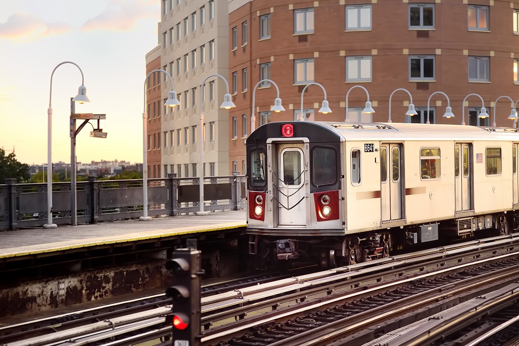 New York subway train arrives at the station. Transport of NYC.