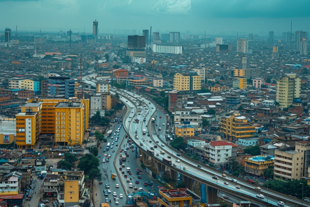 This aerial photograph captures the dynamic scene of a densely populated city characterized by a high volume of vehicles on the roads, Aerial view of Lagos's dynamic cityscape, AI Generated