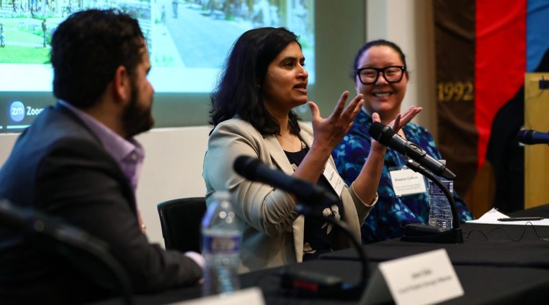 Jason Delia, Pallavi Shinde, and Sheena Collum speaking at the event
