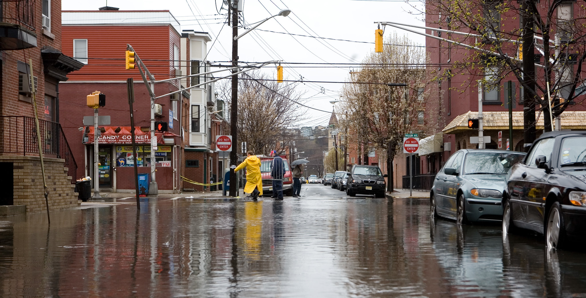 Hoboken 4/16/07: The flood and the fire. Barricades are placed in front of streets like this one, where the water level begins to rise.