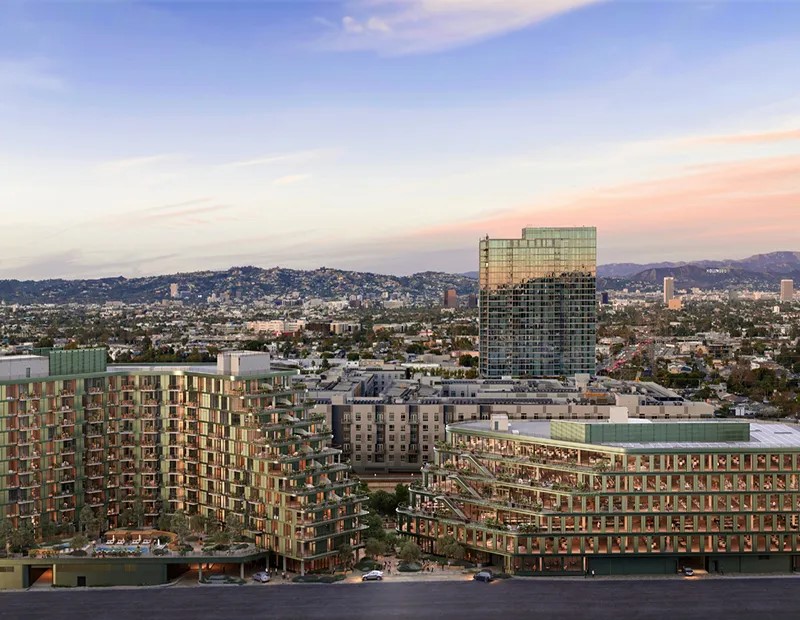 Rendering of the two Habitat buildings with the surrounding environment.