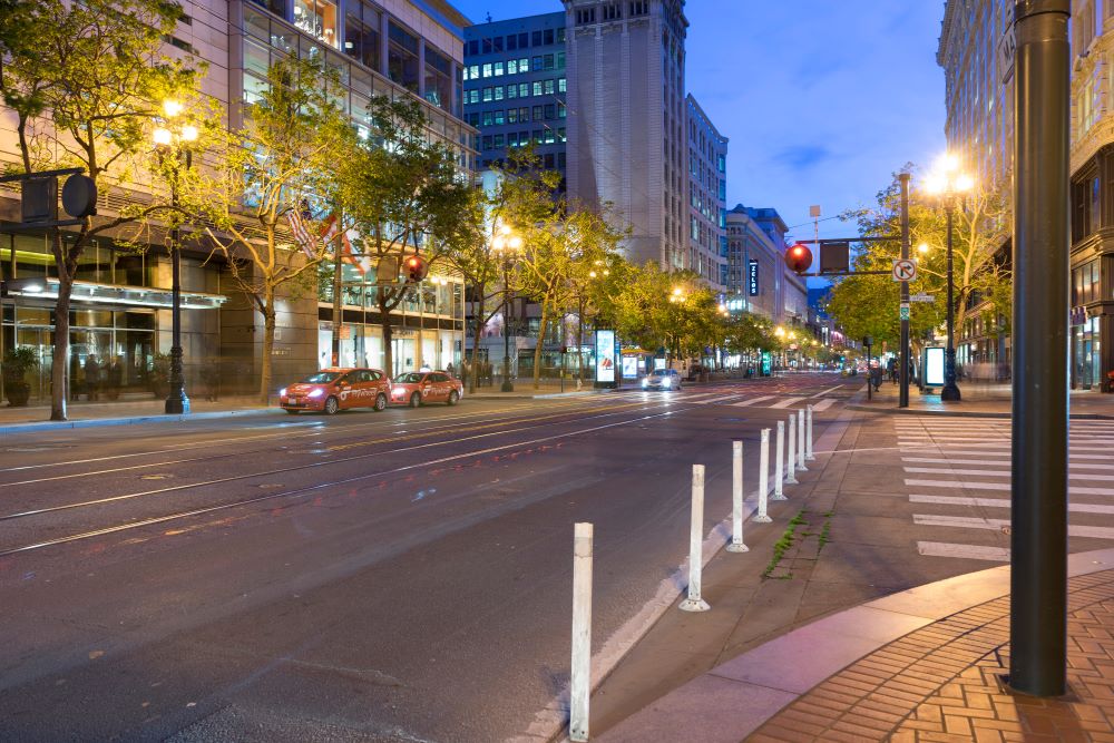 Night street view on Market Street in heart of downtown San Francisco