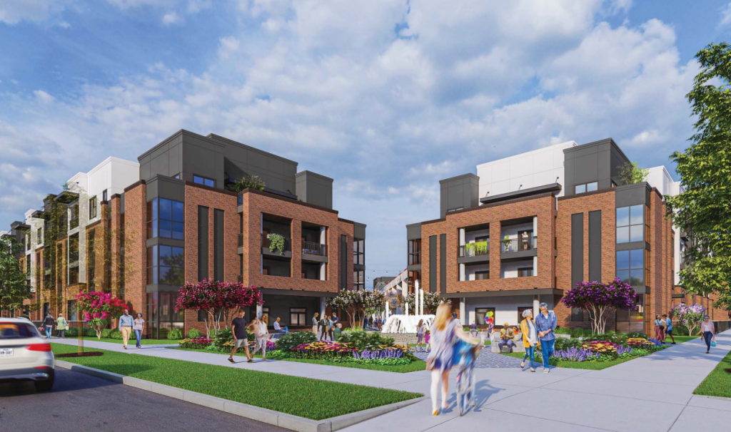 Rendering of Palladium Buckner Station with residents walking along the development.