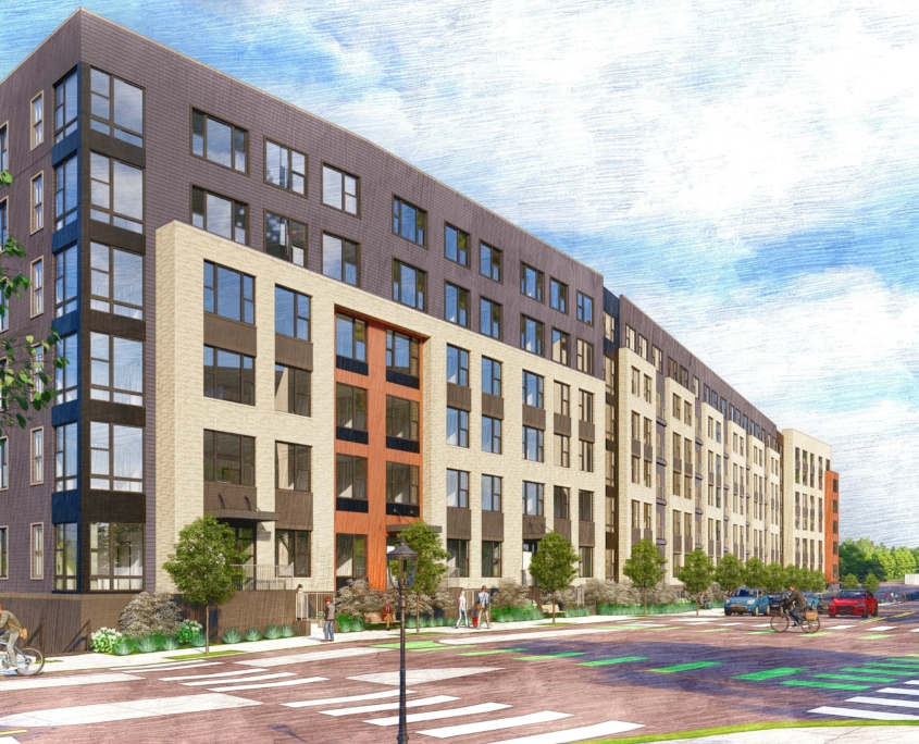Rendering of the Chimes along a road with complete streets principles.