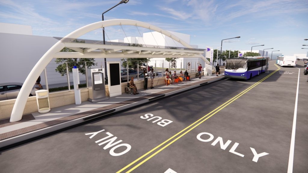 Rendering of an East Colfax Avenue Bus Rapid TRansit station and streetscape.