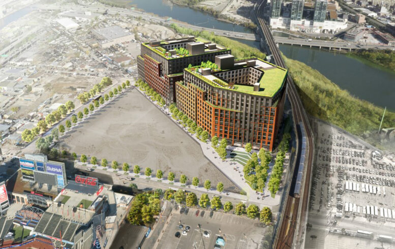 Rendering of Phase I of the Willets Point redevelopment. Adjacent to the development is empty space, which will be the site for Phase 2.