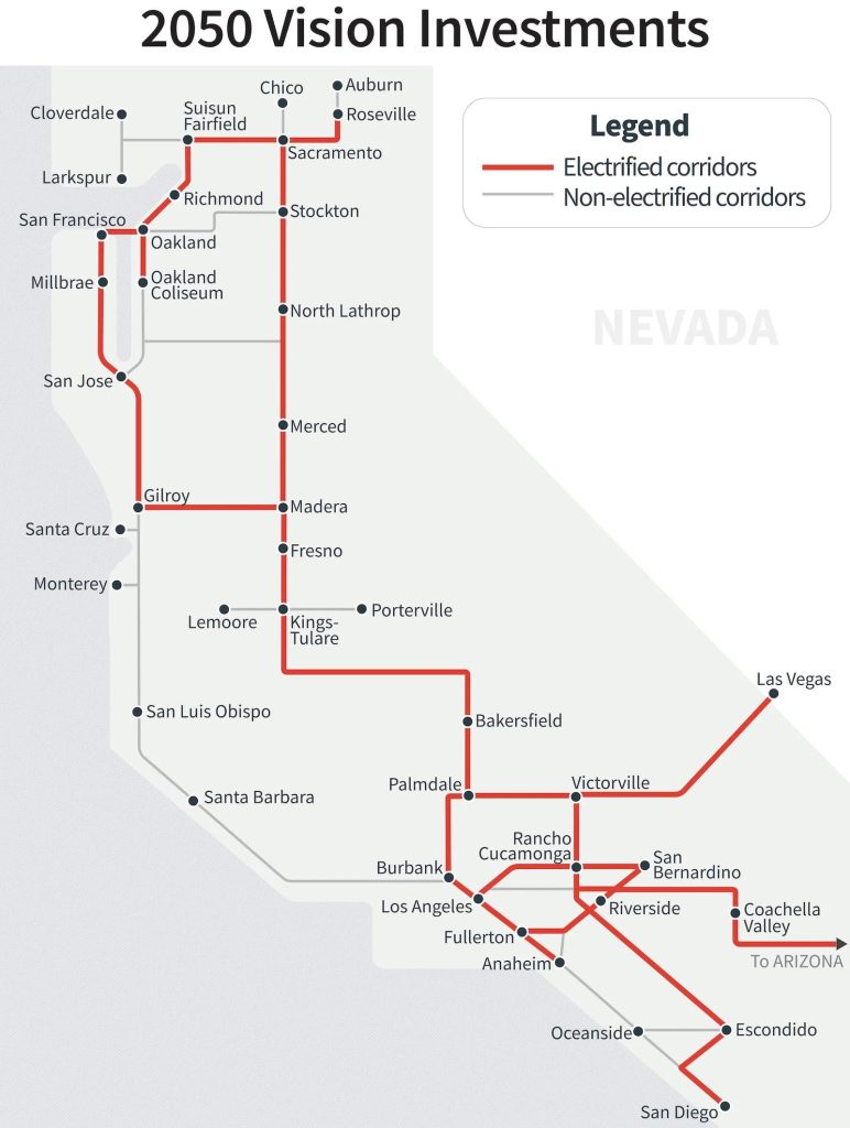 Planned routes in the 2050 Vision Investment. The routes extend throughout most cities in California and out to Los Vegas.