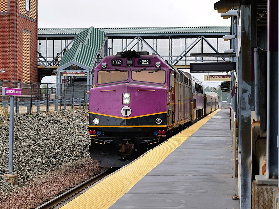 An MBTA train entering Lowell Station.