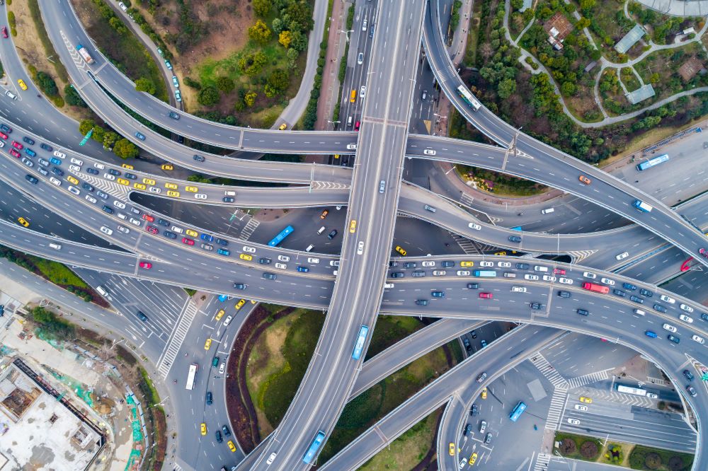 An aerial image showing a complex, overbuilt highway.