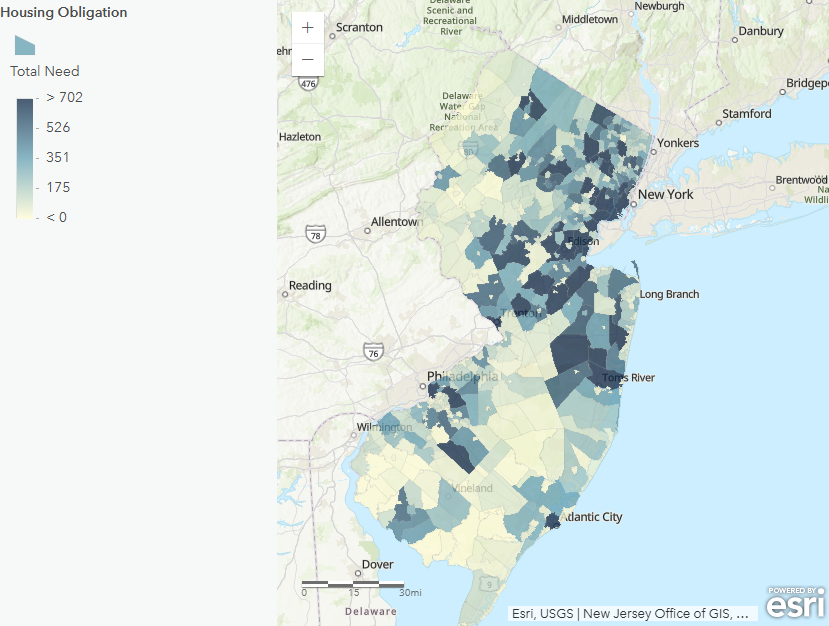 Map that displays affordable housing obligation by municipality. East, Central, and North New Jersey have the municipalities with the highest obligations.