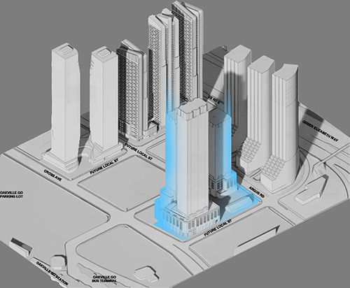 Rendering of the proposed transit-oriented community around the Oakville GO Station. It features drawings of 11 towers.