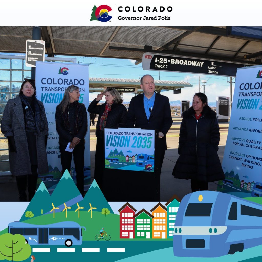 Colorado Governor Jared Polis presenting the Vision 2035 transportation plan.