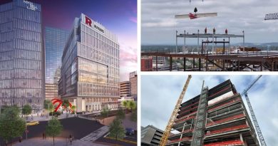 Rendering of the HELIX in New Brunswick, NJ (left); H-1 @ HELIX NJ Topping Off Ceremony on September 6, 2024. Courtesy of DEVCO page and Instagram