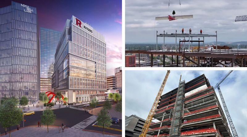 Rendering of the HELIX in New Brunswick, NJ (left); H-1 @ HELIX NJ Topping Off Ceremony on September 6, 2024. Courtesy of DEVCO page and Instagram