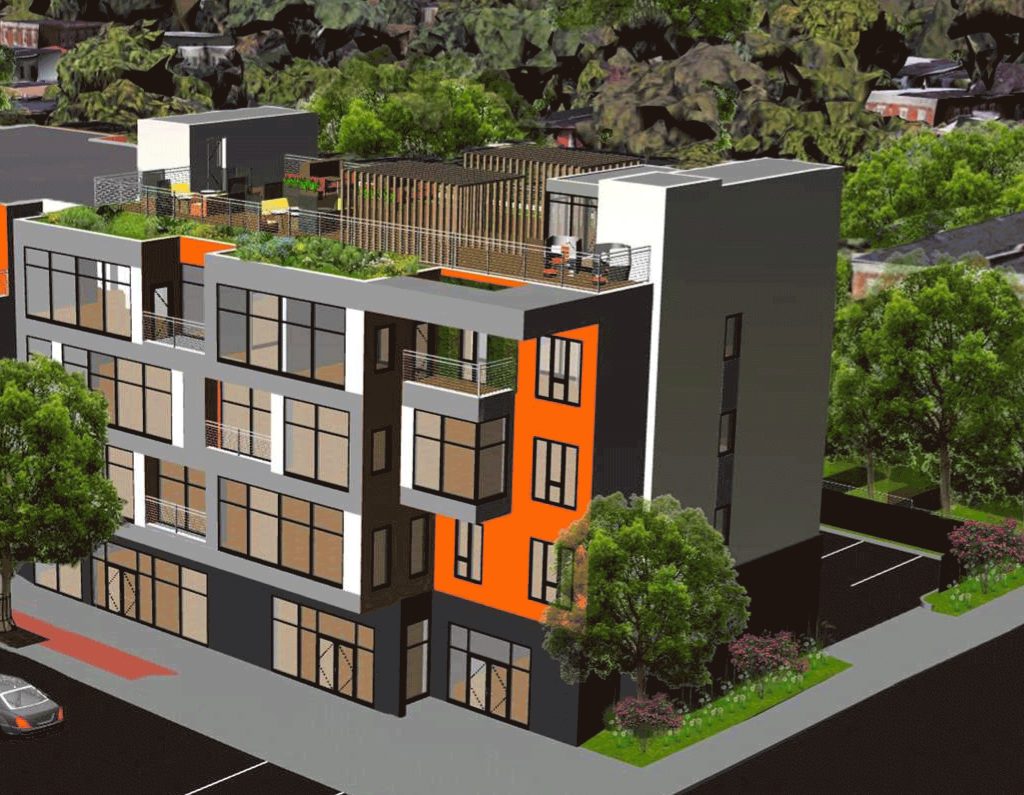 Rendering of Parkside Place. The 4-story development is surrounded by green space.