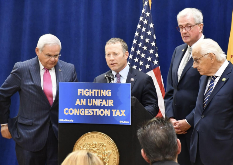 NJ officials, including Phil Murphy and Josh Gottheimer, opposing the congestion tax at an event.