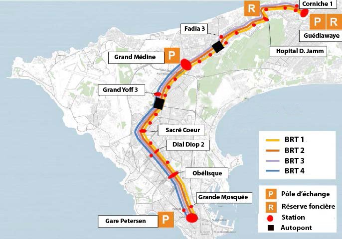 Map of Dakar BRT service. It will connect the periphery of the city into the city center.