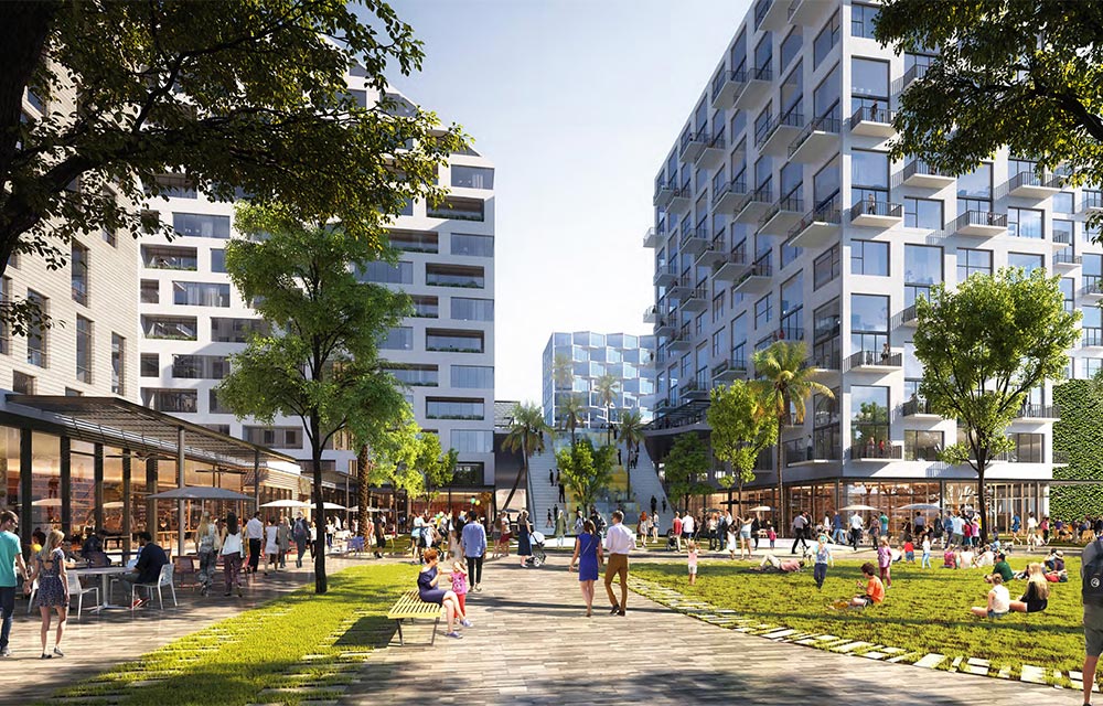 Rendering of Upland Park that depicts an active pedestrian sidewalk with surrounding buildings and green space.