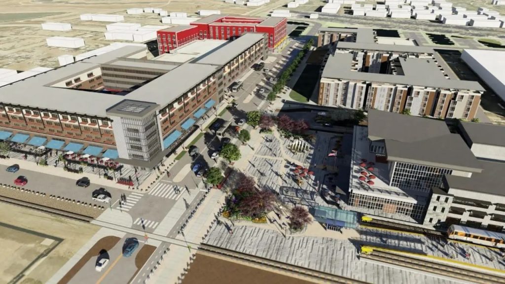 Rendering of the 1st & Main Street Transit Revitalization Project. It will be a large-scale development near the station with multiple buildings