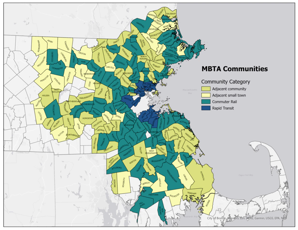Map of MBTA Communities by Category. The communities cover most of the state, extending out from Boston in the center.