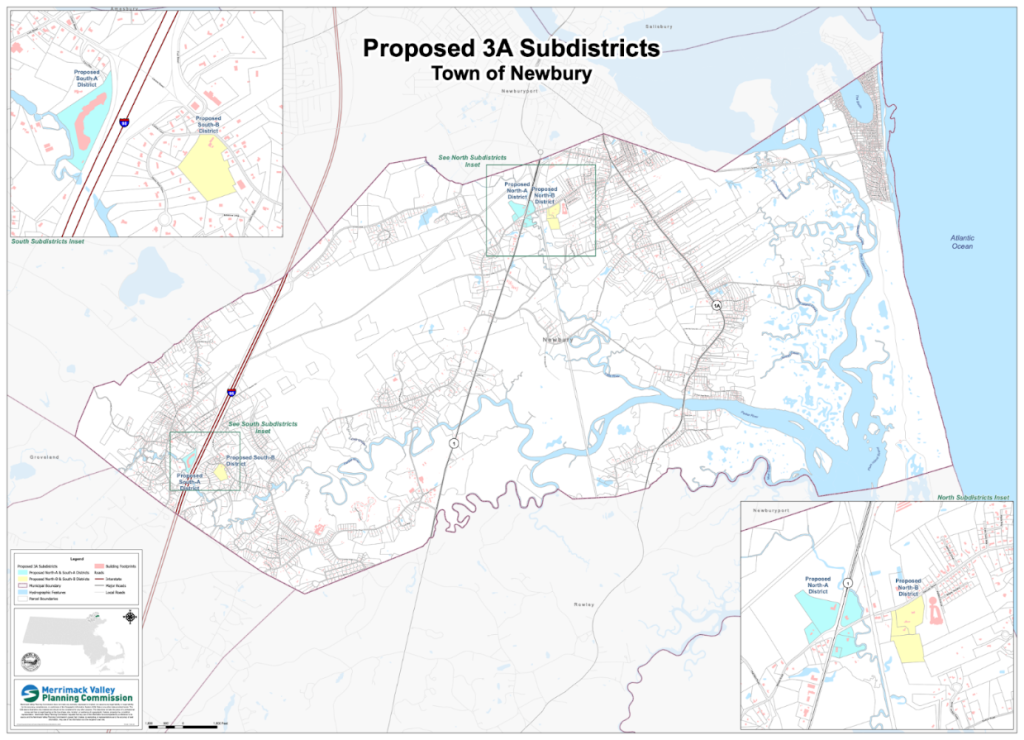 Zoning map of Newbury with new proposed MBTA subdistricts with higher density.