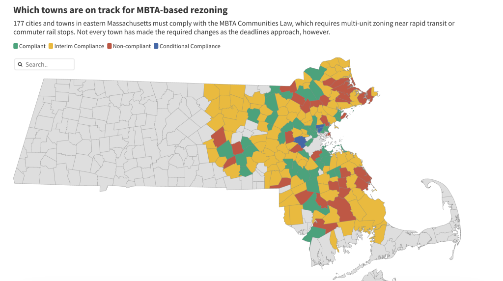 Map that shows level of compliance. Most towns are fully compliant or conditionally/interim compliant, however, 30 towns are fully non-compliant.