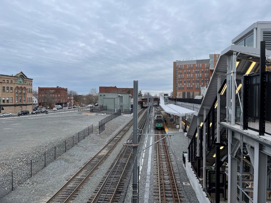 The Somerville MBTA station and surrounding buildings.