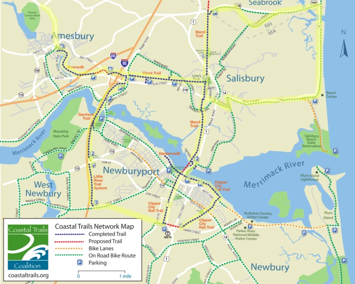 Proposed and completed bike trails emanating from the Newburyport MBTA Station.