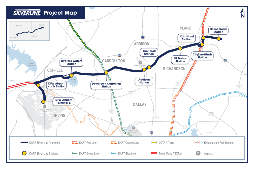 Map showing planned stations on the DART Silver Line, which will go from the DFW Airport to the end of Plano, TX. 