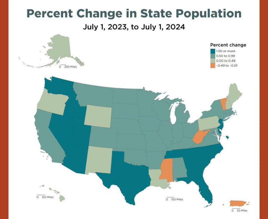  
ALT: Map showing percent change in state population from 2023 to 2024. Many of the fastest growing states are in the west, the south, and New Jersey.