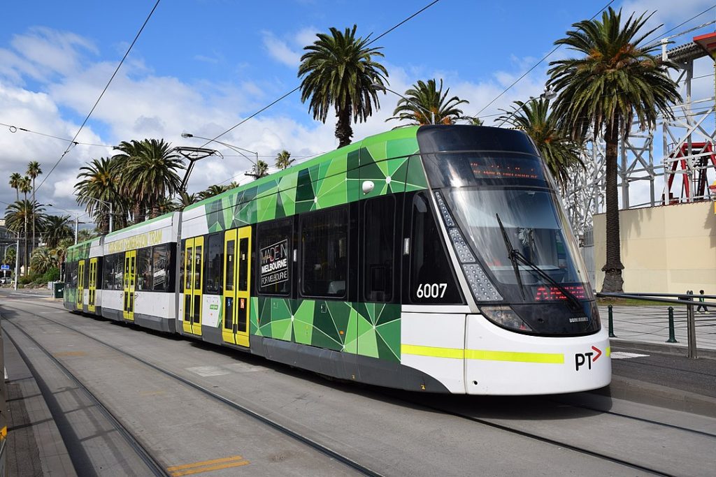 A Yarra Trams light rail train in Melbourne, Australia.