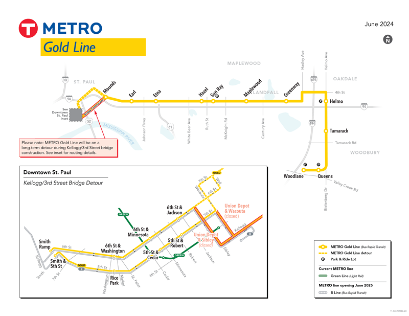 A map of the Metro Gold Line with an east terminus in Woodbury and a west terminus in St. Paul.
