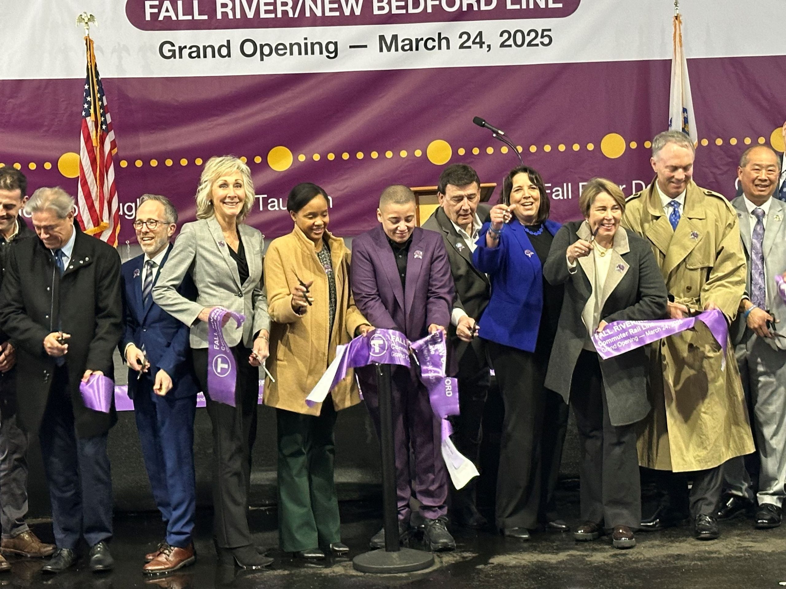State and local officials, including Governor Maura Healey, celebrated the line’s opening at East Taunton Station. Courtesy of the City of Taunton, MA