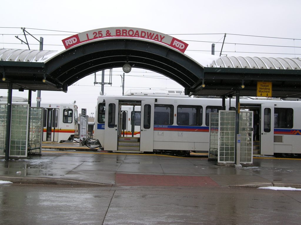 The I-25 and Broadway RTD light rail station. 