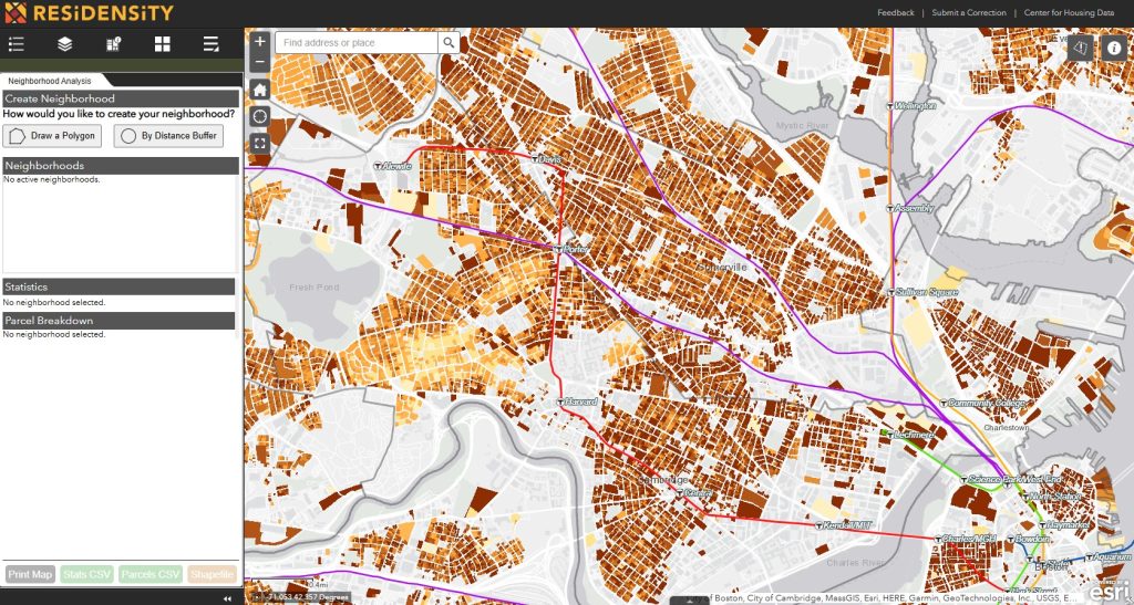 The screenshot depicts housing density in the Boston suburbs of Cambridge and Somerville.
