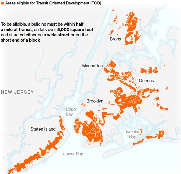 TOD areas eligible for increased density through the “City of Yes.” Each borough has TOD areas except Manhattan, which does not apply to this rule.