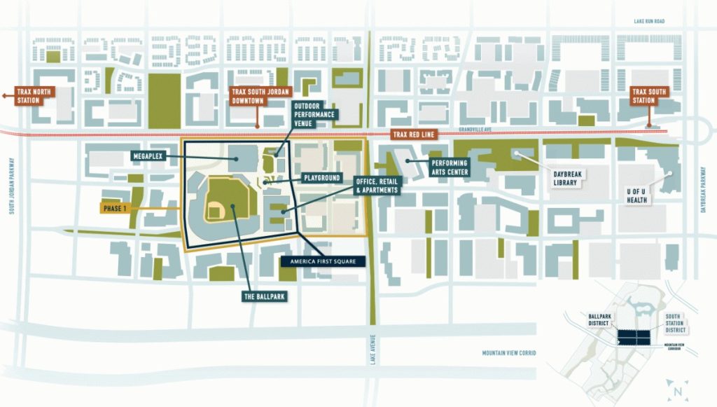 The map of the Downtown Daybreak Plan which contains the TRAX station, the baseball stadium, other entertainment facilities, and residential housing.
