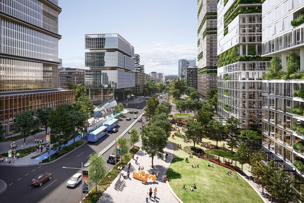 Rendering from Sydney Transport Oriented Development plan. The image shows BRT, pedestrian infrastructure, and high-density development.
