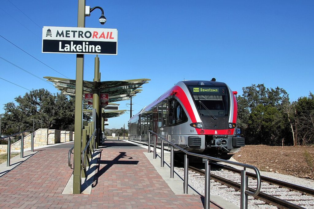 CapMetro Rail train, which services the Greater Austin area, pulling into Lakeline Station.