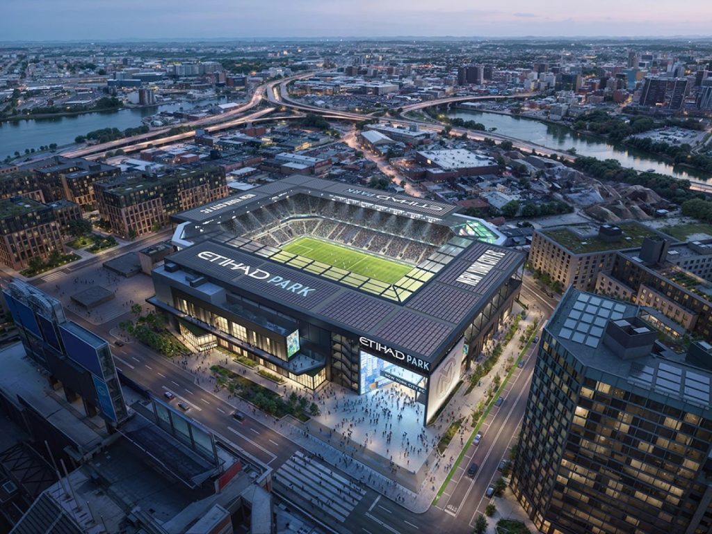 Rendering of Phase 2 of the Willets Point redevelopment. In the center of the development is NYC FC's Etihad Park surrounded by mixed-use development.